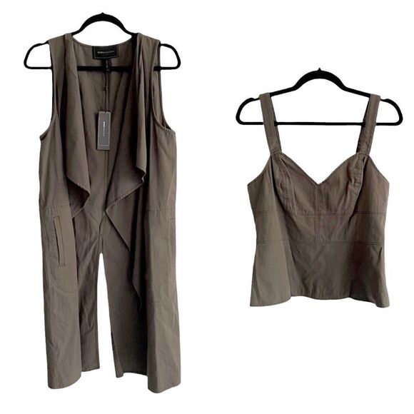Bcbgmaxazria Olive Green 2-Pc Set Sleeveless Tank Top Sleeveless Long Vest 8 M - Picture 1 of 9